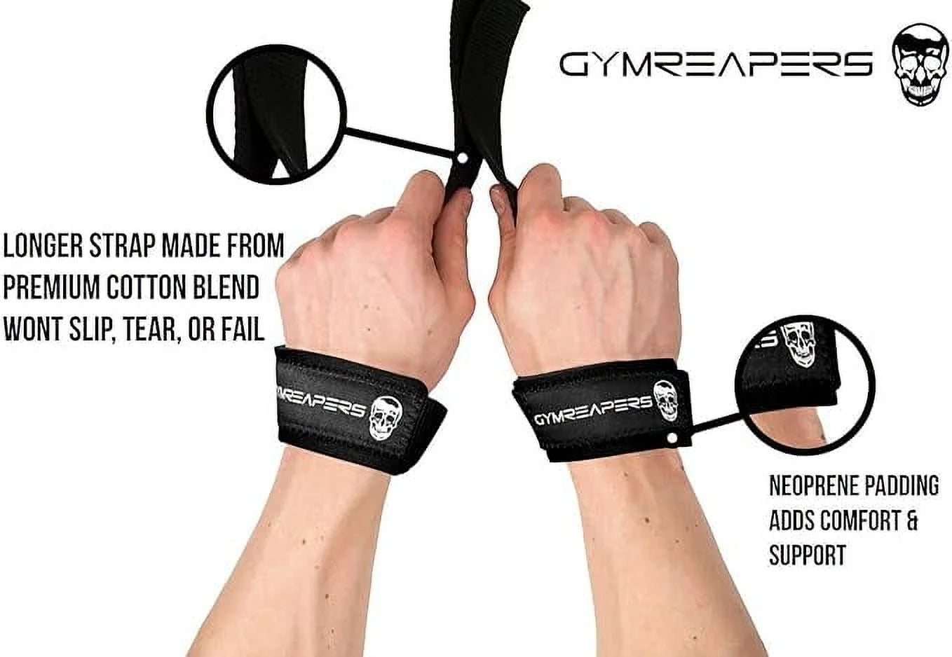 Lifting Wrist Straps for Weightlifting, Bodybuilding, Powerlifting, Strength Training, & Deadlifts - Padded Neoprene with 18 Inch Cotton (Black)