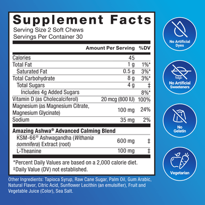 Amazing Ashwa Complete Calm Support, KSM-66 Ashwagandha for Stress Relief, Relaxation & Sleep, Blueberry-Pomegranate, 60 Soft Chews