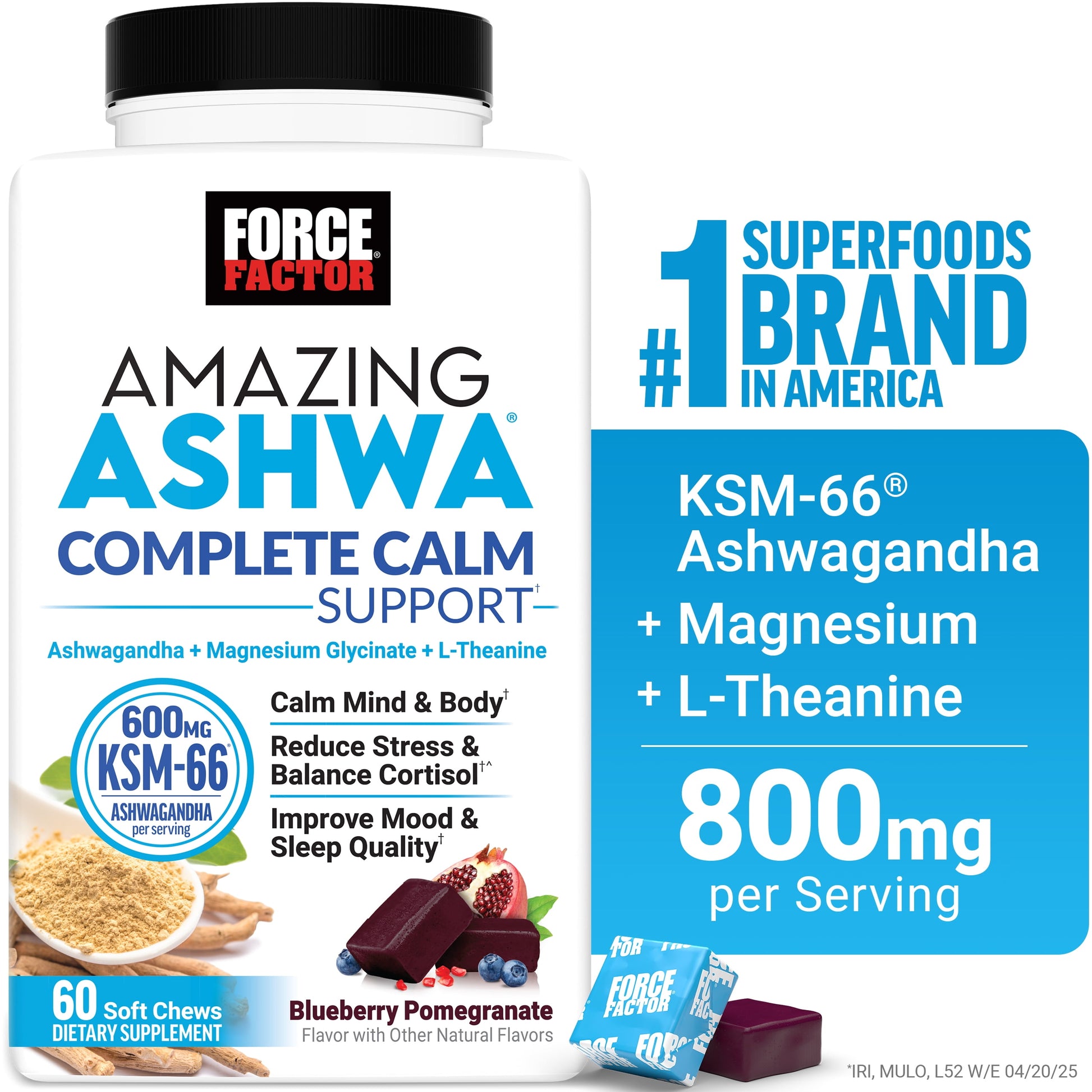 Amazing Ashwa Complete Calm Support, KSM-66 Ashwagandha for Stress Relief, Relaxation & Sleep, Blueberry-Pomegranate, 60 Soft Chews